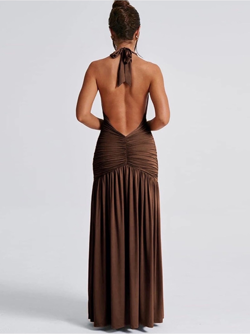 Brown Deep V-Neck Ruched Maxi Dress - Picture 3 of 5